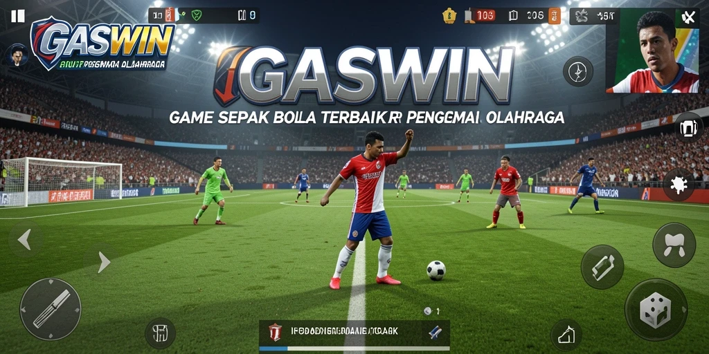 Screenshot gameplay GASWIN dengan aksi seru di lapangan sepak bola.