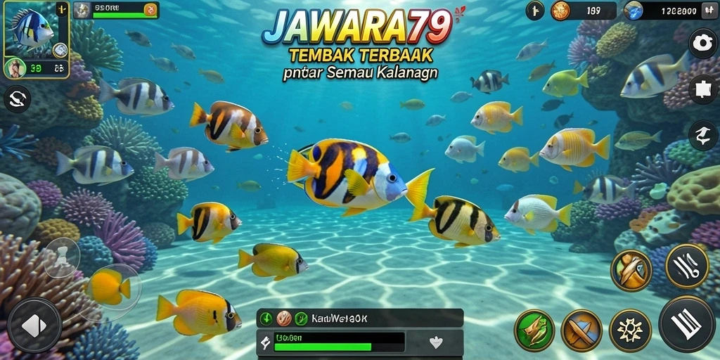 Tampilan seru gameplay JAWARA79 saat menangkap ikan berwarna-warni.