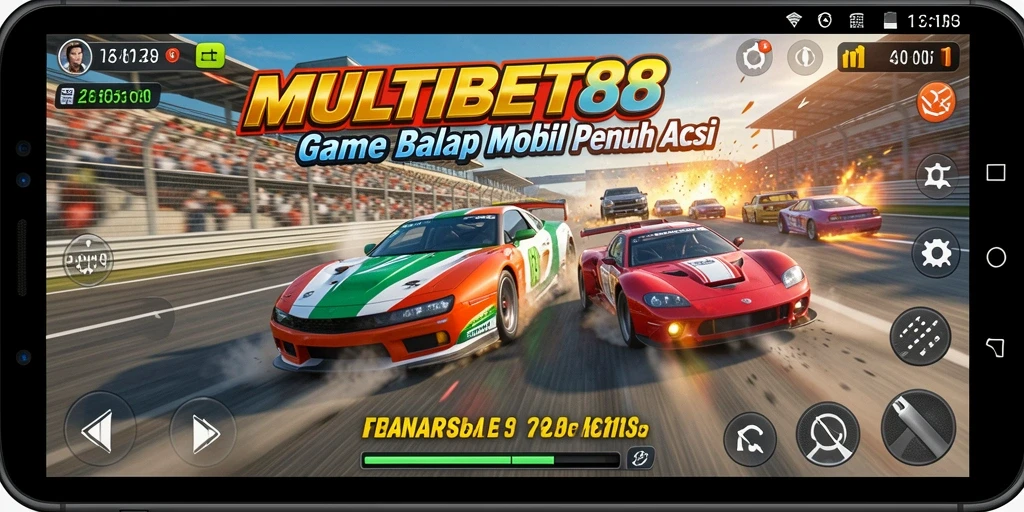 Screenshot gameplay MULTIBET88 dengan mobil balap di lintasan.
