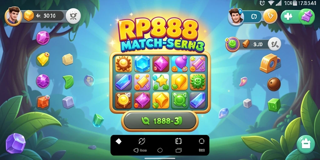 Tangkapan layar utama RP888 menunjukkan gameplay Match-3 yang seru dan penuh warna.