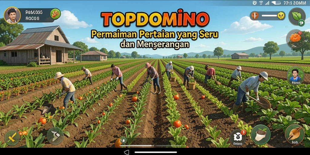 Tampilan gameplay <strong>TOPDOMINO</strong> yang menarik dengan ladang dan hewan ternak.